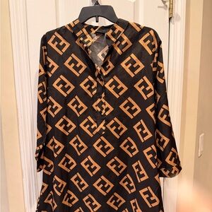 Black Tunic with Tan Geometric Logo Print